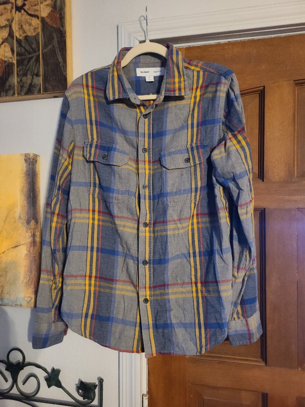 Old Navy Men's Flannel Gray Blue Yellow SZ M Regular Fit